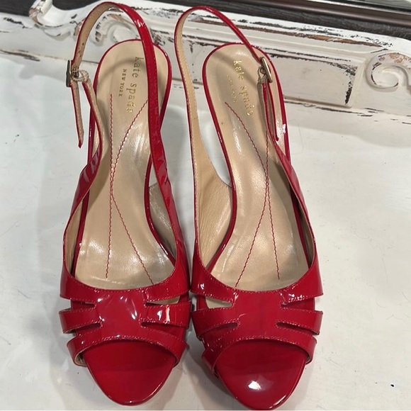 KATE SPADE, sz 9B, Red Patent Leather Heels, Slingback, Open Toe, size 9B - Picture 2 of 11